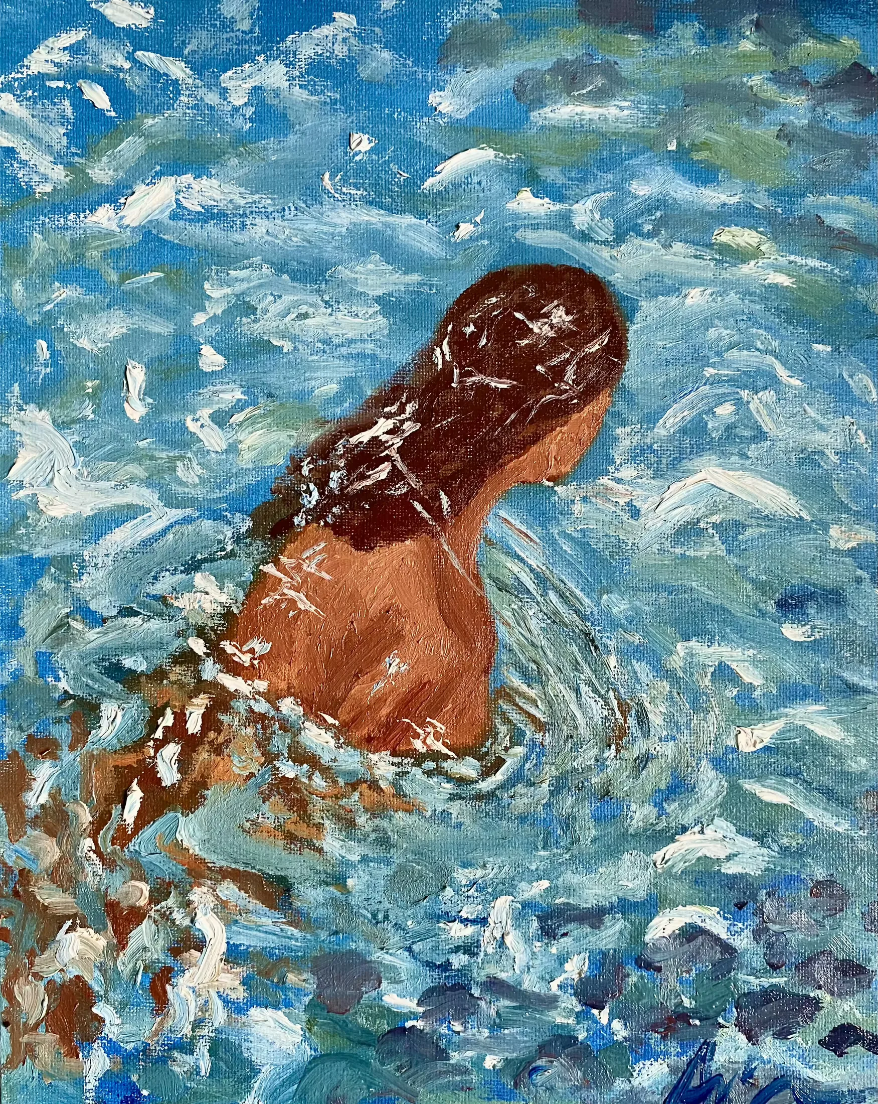 A brown-haired figure seen from behind stands chest-deep in churning blue water.
