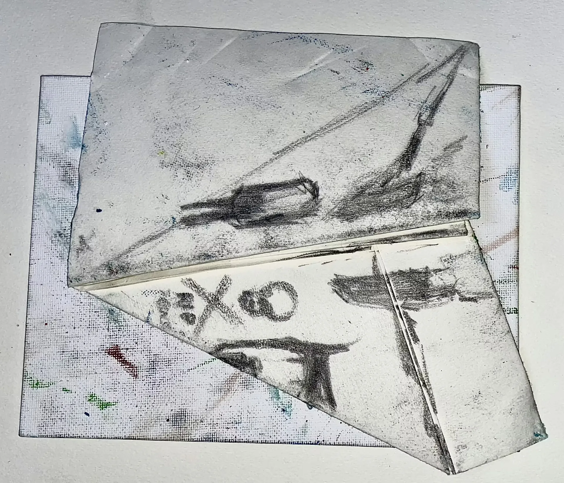 Three monochrome works on paper overlap, carrying sparse black linework, geometric forms and an X O motif.