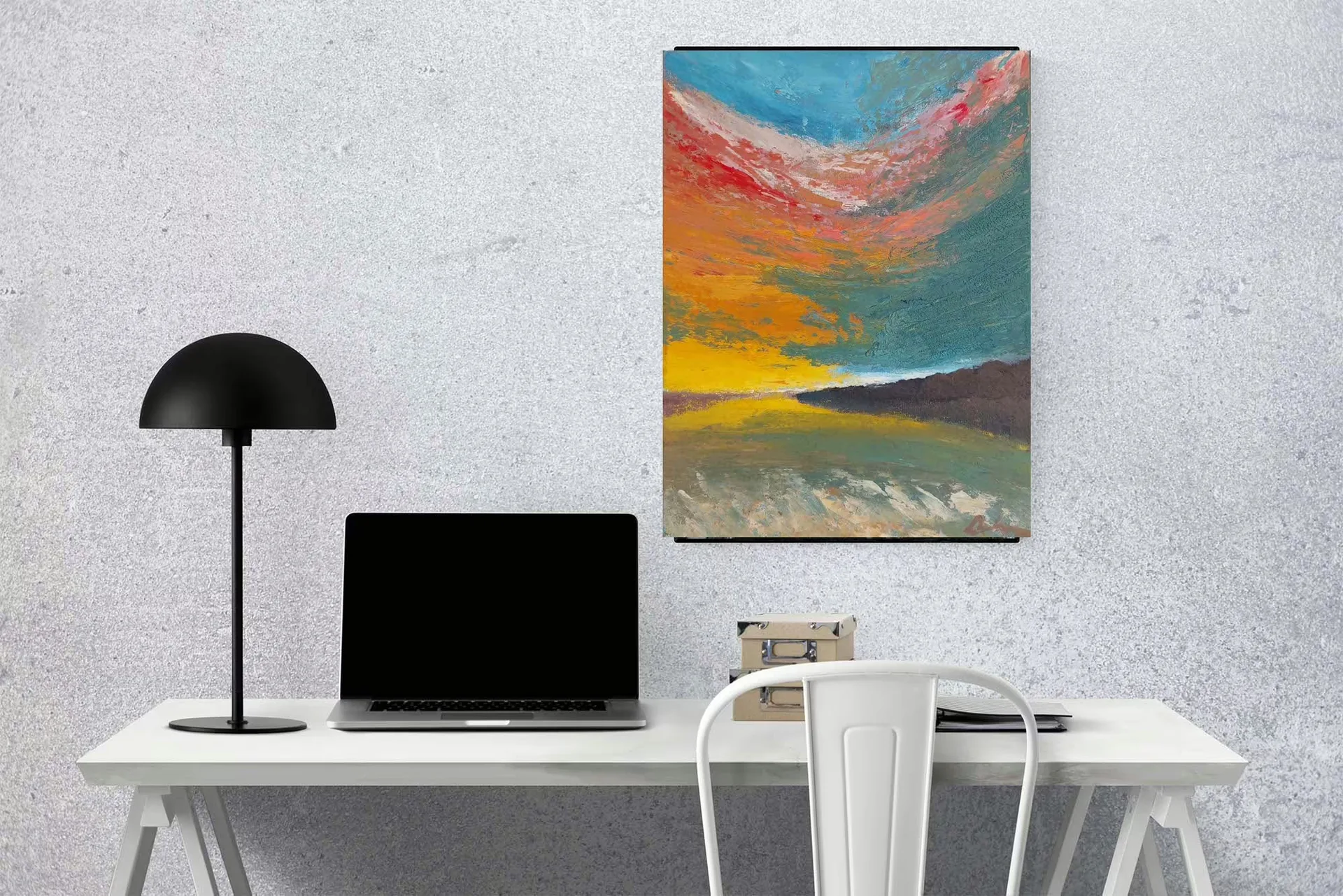 A bright abstract sunset painting hangs above a white desk in a restrained modern interior.