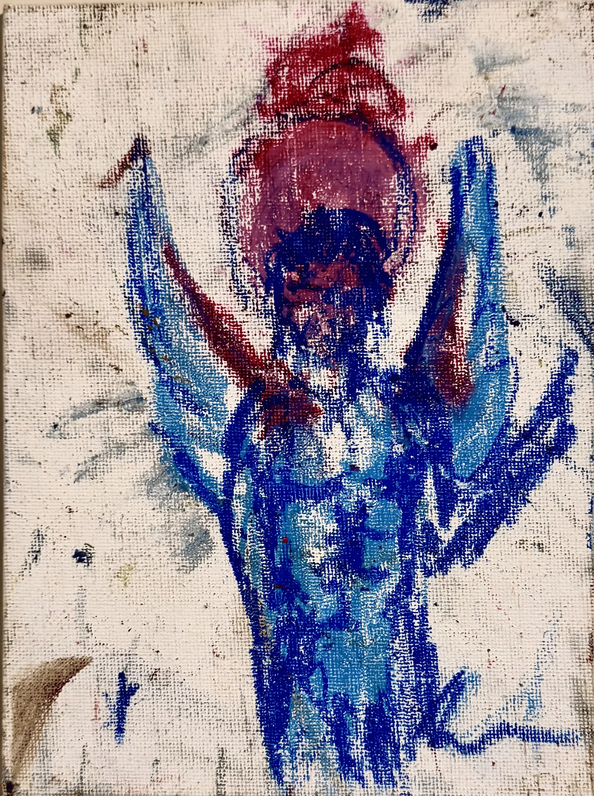 A winged figure drawn in blue and turquoise pastel over a paint-flecked canvas.