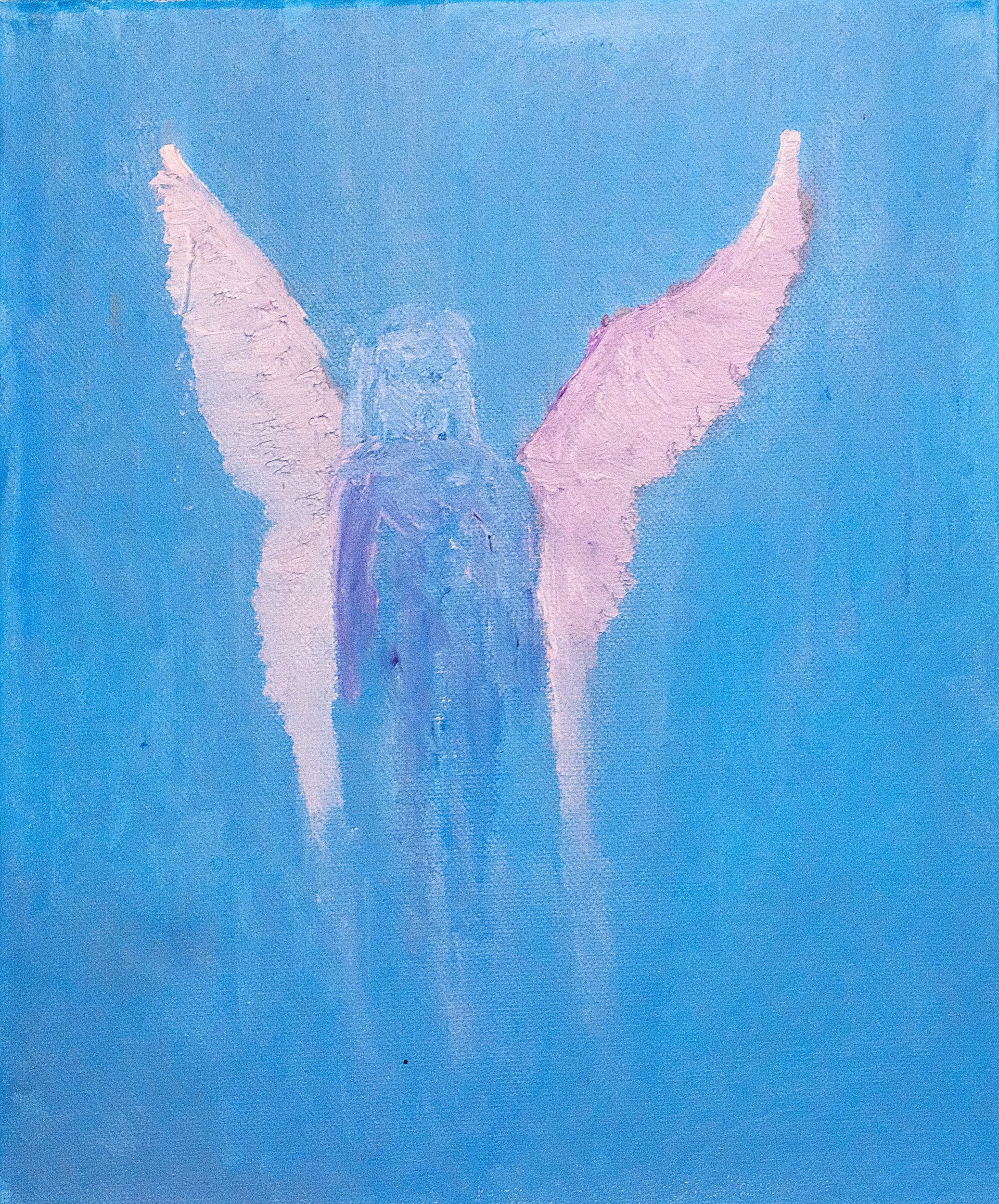 A pale winged figure rises through a saturated blue field, its body and wings softened at the edges by loose paint.