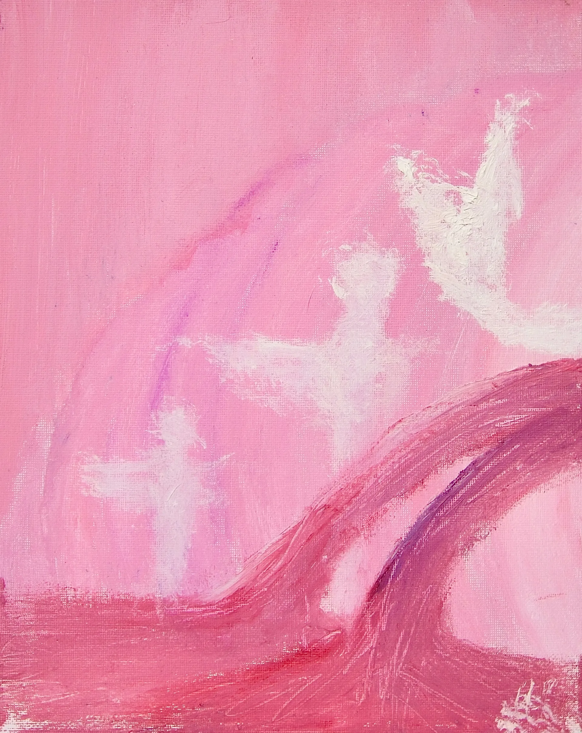 Three faint white winged figures rise diagonally through a field of pink, the highest thickly painted and almost solid. A dark crimson wave sweeps across the lower right corner.
