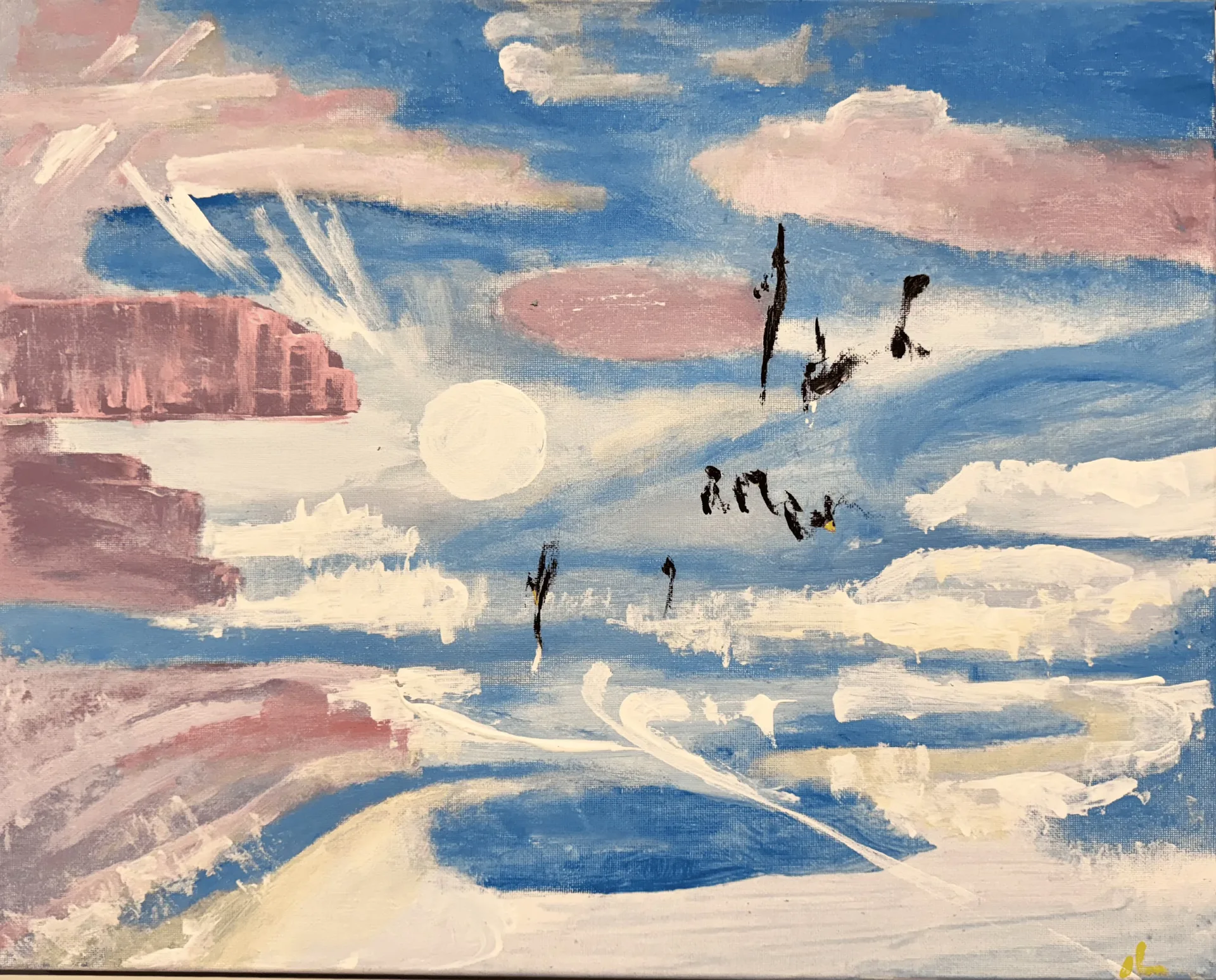 A pale moon hangs in a blue sky streaked with white and pink cloud.