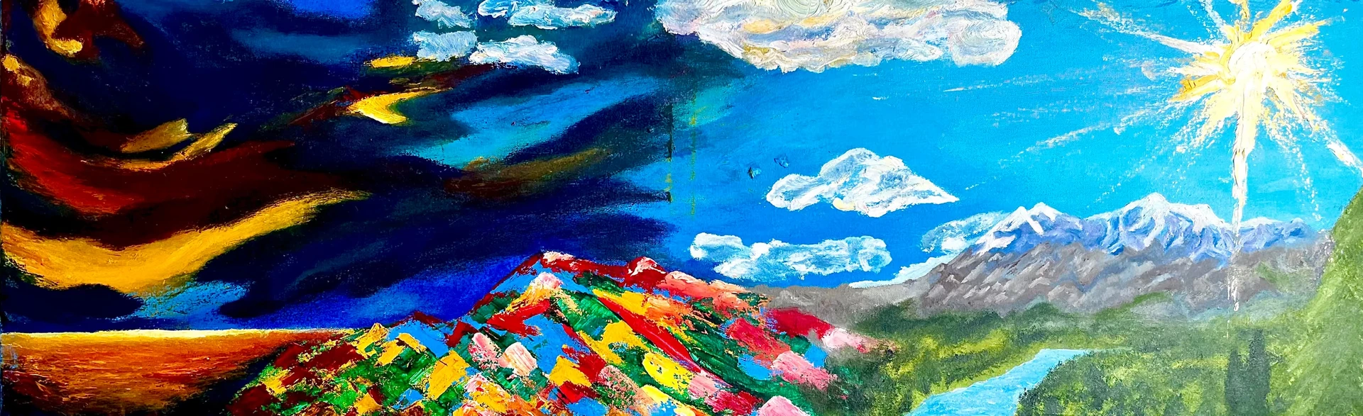 A wide panorama running from storm to daylight: a dark sky torn with gold and red over black water at the left, a jagged ridge painted as a patchwork of red, yellow, green and blue across the centre, and at the right a turquoise sky, snow-capped peaks and a green valley under a blazing white star.