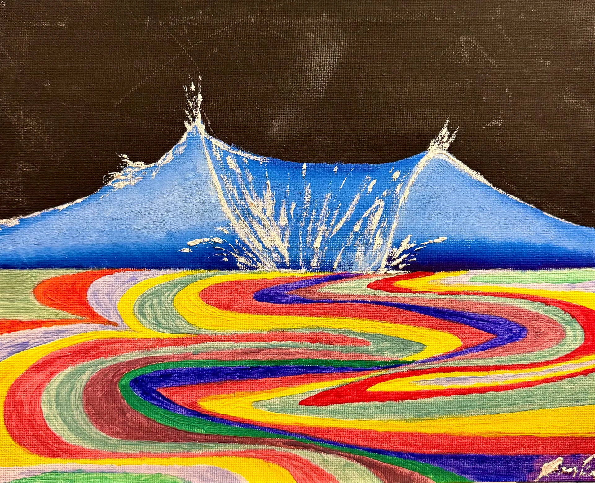 A blue wave rears against a black sky, white spray bursting from its two peaks. Beneath it the sea becomes broad ribbons of red, yellow, green, blue and violet winding to the bottom of the canvas.